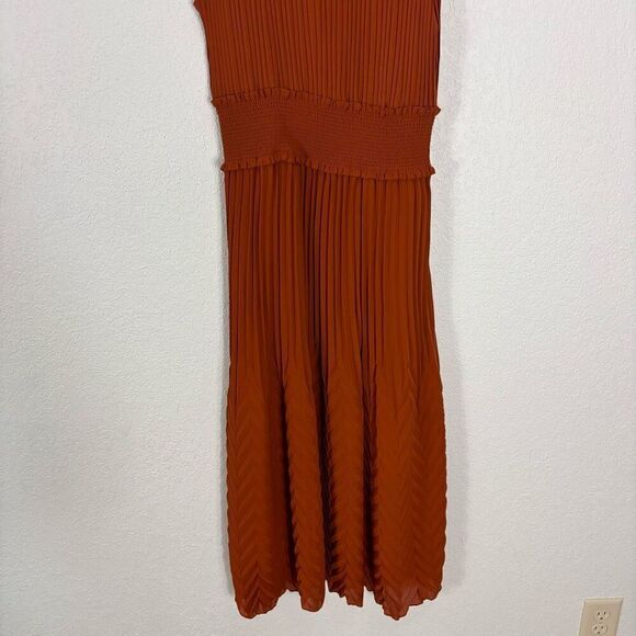NWT Nanette Lepore Picante Dark Orange Pleated Mock Neck Sleeveless Midi Dress - Picture 4 of 9